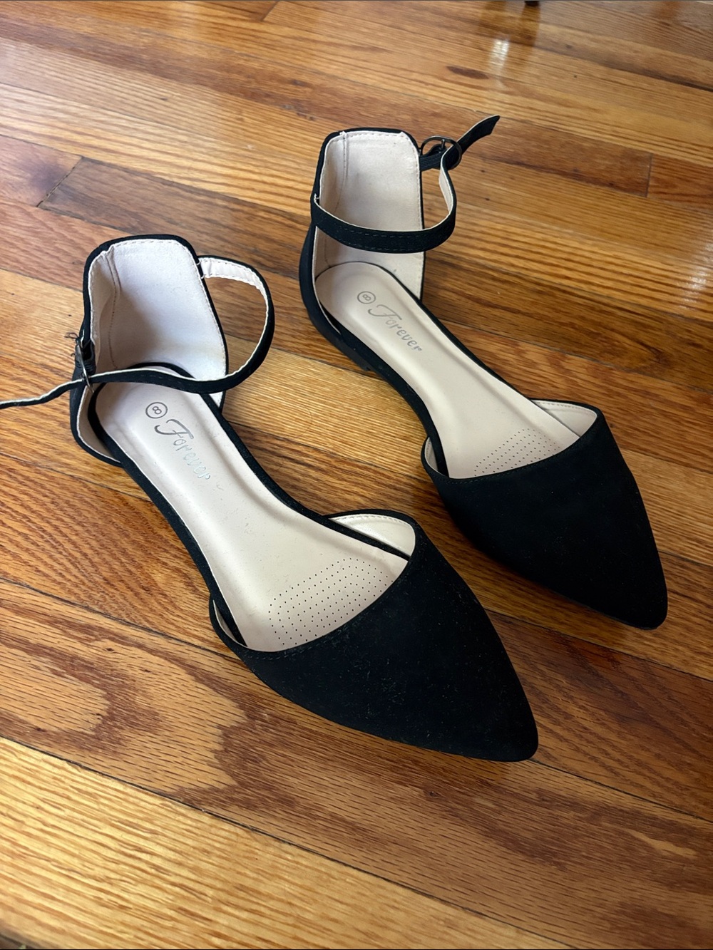 Forever 21 Black Pointed-Toe Ankle-Strap Flats